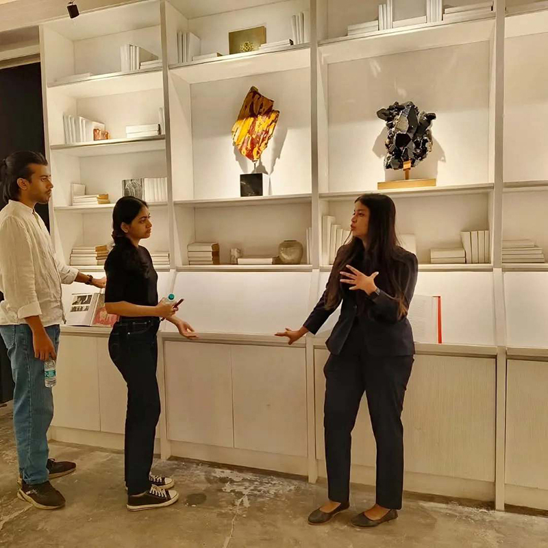 Lit studio with sculpture